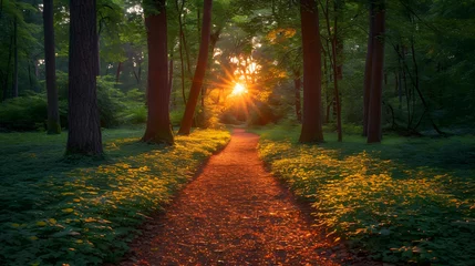 Fotobehang Path in the park at sunset, bright orange sun, trees around, summer, nature. © griffinke