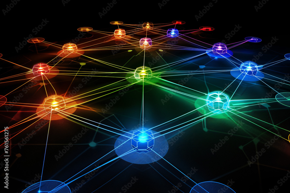 Poster vibrant network of interconnected nodes with colorful links on black background
