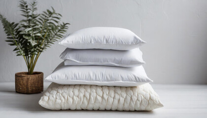Stack of beddings on white background, white pillow against white wall.