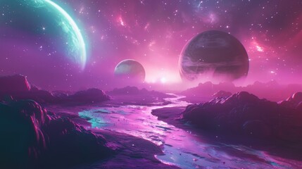 Orbiting celestial bodies casting guiding lights on a dark path leading to a radiant aurora