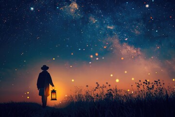 Silhouette of a person holding a lantern under starry sky path to sunrise