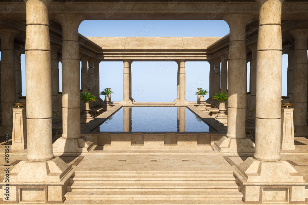 Poster ancient egyptian terrace and pool, surrounded by stone columns, with reflection of blue sky in the w