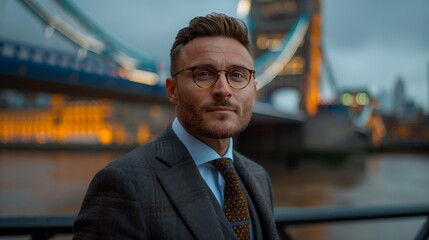 A male English teacher flocks to the backdrop of London Bridge wearing a suit and tie 