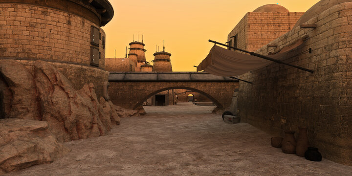 Dusty street in a science fiction fantasy alien town on a desert planet. 3D rendered illustration.