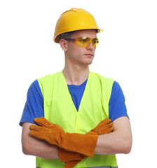Young man with crossed arms wearing safety equipment on white background
