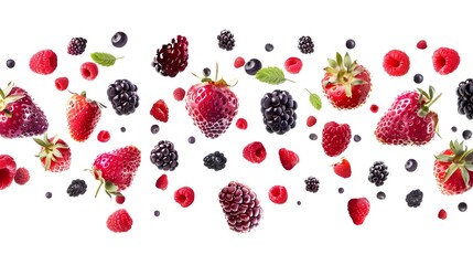 Falling wild berries mix, strawberry, raspberry, blackberry, isolated on white background.
