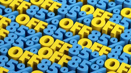 Blue and yellow 85% Off special offer signs in a rows. Sale Up to eighty five percent off, sale symbol, special offer looping animation. Isometric view of 85% clearance sale endless loop animation.