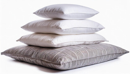 Stack of beddings on white background, clear white pillows.