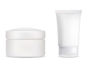 Cream jar and cream tube cosmetic package mockup set. Blank container for beauty product. Face makeup packaging mock up. Blush or hand cream realistic template for label design