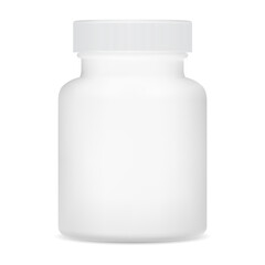 Supplement bottle mockup. White plastic pill bottle, vector template. Pharmaceutical capsule jar. Isolated drug tablet can, medicine product box closeup, prescription remedy