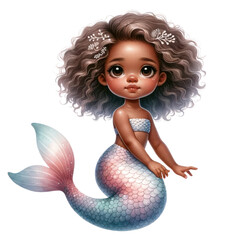 Cute cartoon african little mermaid , Watercolor  african mermaid isolated on white background , African American Mermaid
