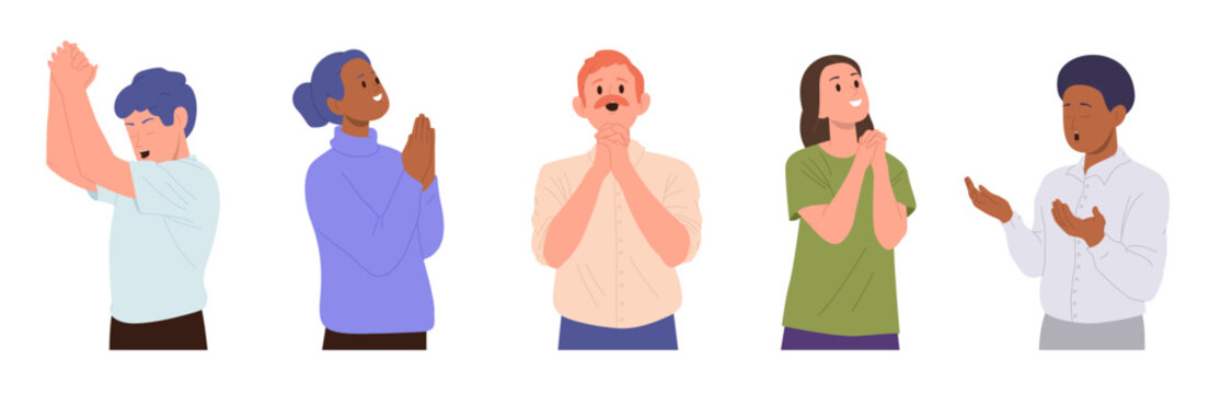 Young adult hoping people prayer cartoon characters standing with folded hands isolated on white