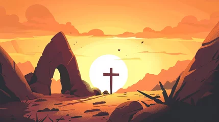 Foto op Plexiglas Warm oranje Um cartão de Páscoa representando jesus cristo ressuscitou. Usando um estilo de aparência limpo baseado em vetor