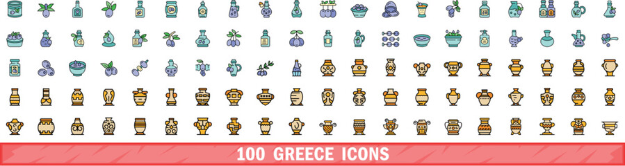 Fototapeta na wymiar 100 greece icons set. Color line set of greece vector icons thin line color flat on white