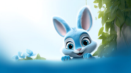 A blue and white rabbit's head with bright flowers and leaf on a white background Cartoon character concept of easter nature's phtography 