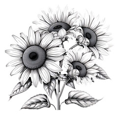 a black and white drawing of sunflowers