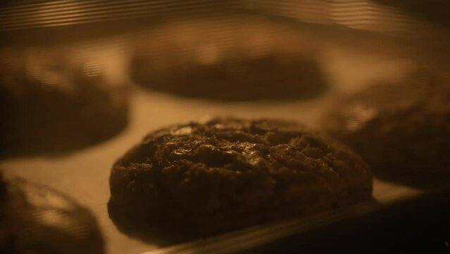 A tray of cookies is baking in an oven. The cookies are brown and appear to be chocolate chip. baking cookies in a hot oven and many pieces. Making bakery desserts.