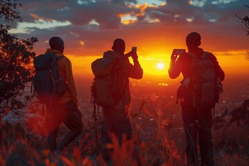 Hiking group at sunrise on a mountain