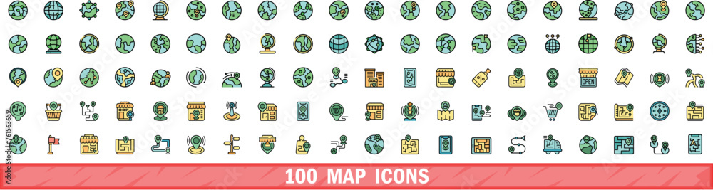 Poster 100 map icons set. color line set of map vector icons thin line color flat on white