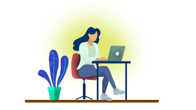 Businesswoman working from home, Freelance entrepreneur woman, woman work from home during corona virus, Animation of a girl working from home at a desk, Woman communicate, workplace with computer