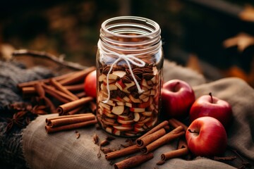 Apple cinnamon detox water - refreshing drink with apple slices and cinnamon sticks - obrazy, fototapety, plakaty