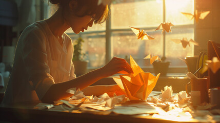 A close-up of a skilled paper artist creating intricate origami sculptures in a sunlit room photography