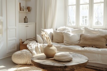 Fototapeta na wymiar A Scandinavian living room interior, with a round wooden coffee table and a white sofa laden with plush pillows, exuding modern minimalism and cozy warmth. 