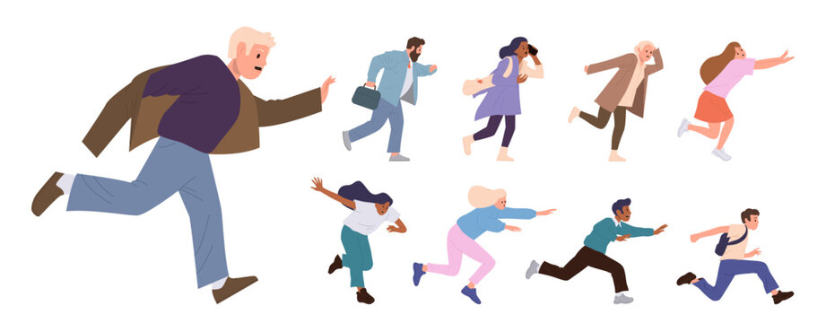 People cartoon character running in rush to goal achievement success in business, work and education