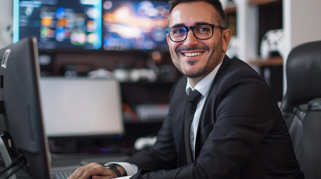 Realistic-style Italian Male In A White Shirt, And A Black Tie, Sitting At Home Behind An Office Desk Smiling With A Laptop, Game Consoles In The Background With TV Screens On The Wall.