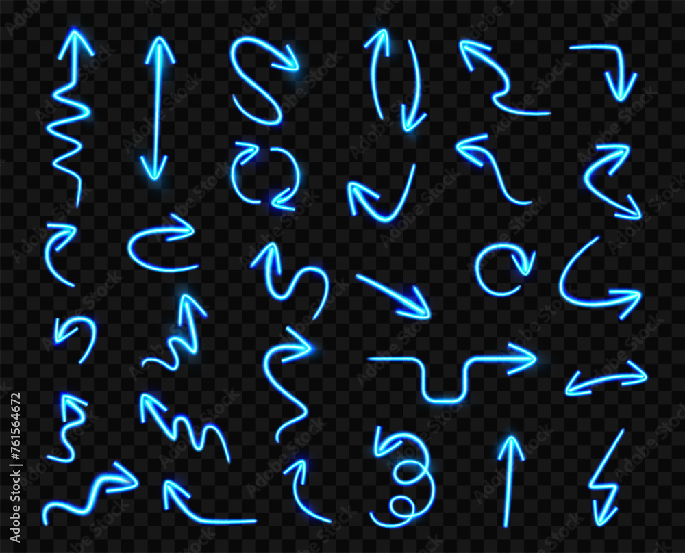 Poster Neon light orientation and navigation arrows. Vector glowing thin line lines directional flat arrows illustration on black. Internet pictograms, website pointers or direction links, casino pointers