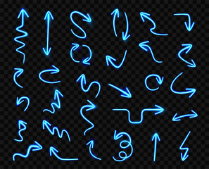 Neon light orientation and navigation arrows. Vector glowing thin line lines directional flat arrows illustration on black. Internet pictograms, website pointers or direction links, casino pointers