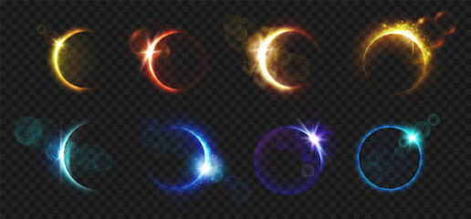 Ellipse glowing element of neon or sparkles. Background of modern ellipse design, sparkling geometric shapes of blue or yellow color. Circular twisting sparkles, game interface element