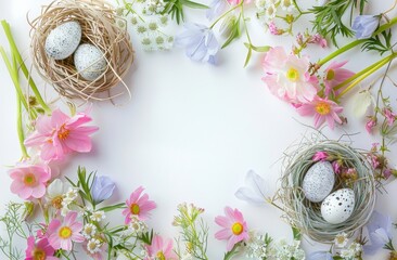 A whimsical Easter celebration, handmade nests with speckled eggs atop a bed of wildflowers, a soft focus on the central blank area reserved for text
