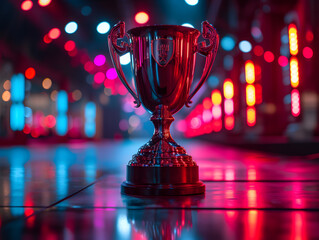 Trophy on a wooden table with colorful bokeh lights background. Concept of achievement and competition. Suitable for design and print related to awards, success, and celebrations