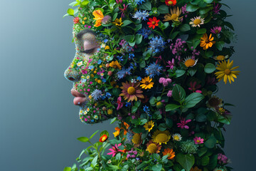 side view of a human head made with colorful flowers and leaves,peaceful expression and a gentle smile,f balance and happiness