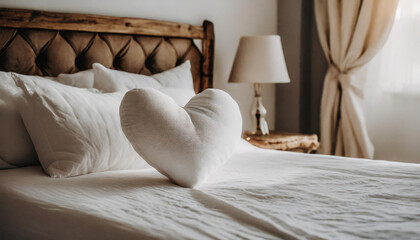 Fototapeta na wymiar Heart-shaped pillow on top of bed, Soft and cozy