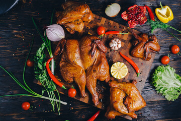 smoked chicken, chicken baked in a smokehouse, on a cutting board decorated with vegetables, pepper, chili pepper, lemon, rosemary, onion