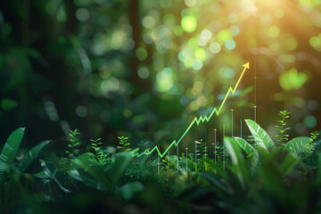 Arrow up and histogram showing profit and income from investment on green minimal background, increase in investment returns or doing business - obrazy, fototapety, plakaty
