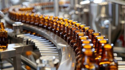 Production line showcases amber bottles moving along conveyor at a beverage manufacturing facility in the afternoon