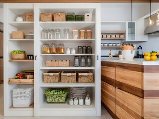 Open wooden cabinet in a bright kitchen reveals colorful jars and containers of food - obrazy, fototapety, plakaty