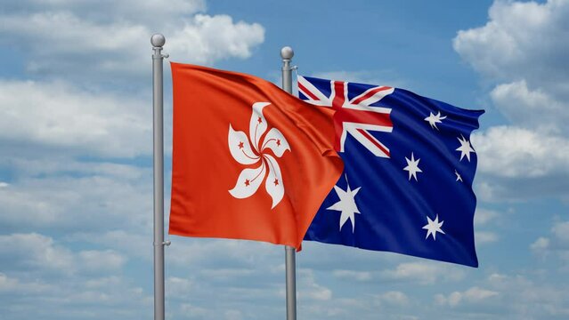 Australia and Hong Kong two flags waving together, looped video, two country relations concept