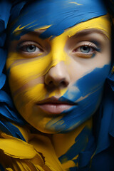 a girl and an artistic interpretation of the colors of the Ukrainian flag, where the combination of dark blue and yellow evokes a feeling of national pride and unity.