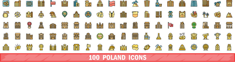 100 poland icons set. Color line set of poland vector icons thin line color flat on white - obrazy, fototapety, plakaty