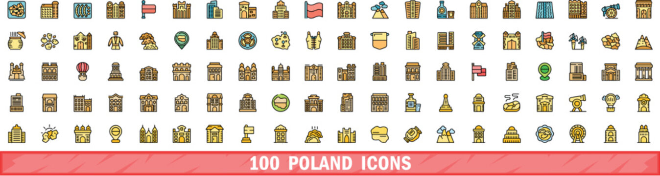 Fototapeta 100 poland icons set. Color line set of poland vector icons thin line color flat on white