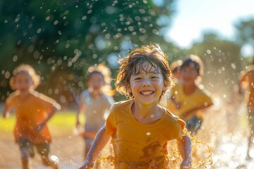 Obraz premium Joyful Child Splashing in Sunlit Water