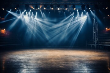Modern dance stage lighting show with spotlight on empty stage in cool blue and green hues - obrazy, fototapety, plakaty