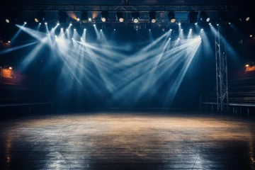 Fotobehang Modern dance stage lighting show with spotlight on empty stage in cool blue and green hues © Emvats
