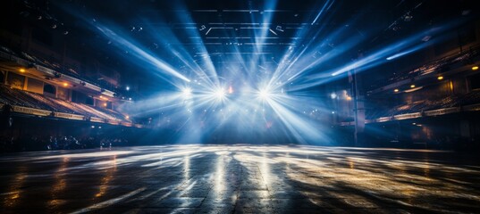 Modern dance stage lighting with spotlight, blue and green color background for entertainment show - obrazy, fototapety, plakaty