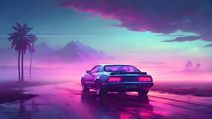 Fototapeta na wymiar Riding car with foggy landscape 80s synthwave. Vaporwave retro futuristic