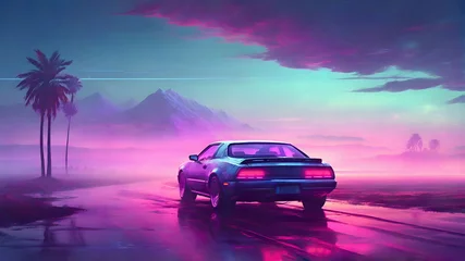 Poster Riding car with foggy landscape 80s synthwave. Vaporwave retro futuristic © Klymentii
